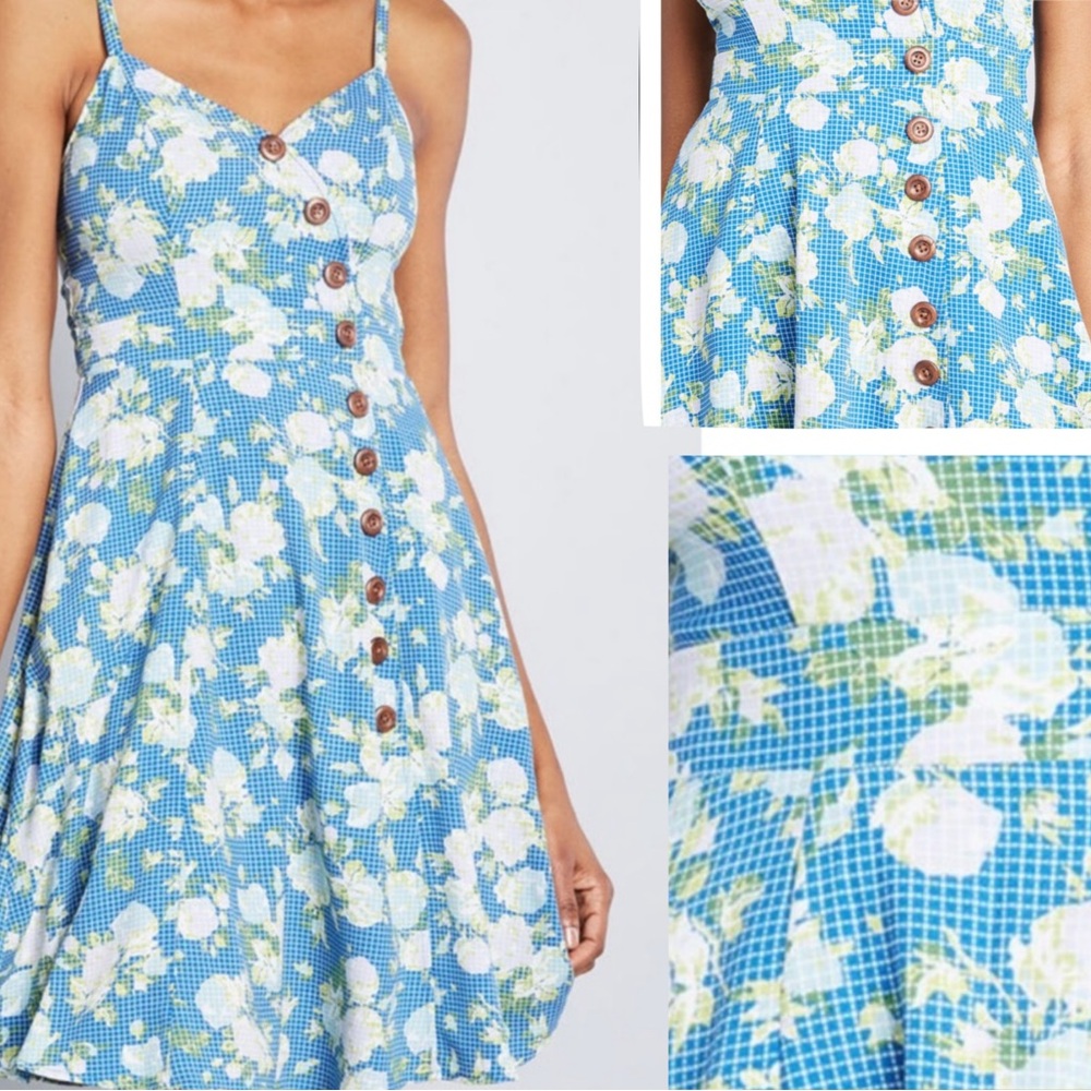 ModCloth Blue Floral Button Front Midi Dress Cottagecore L